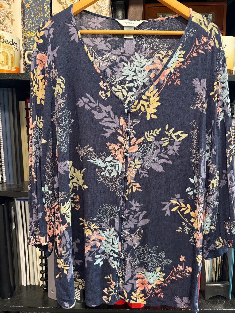 CJ Banks Navy Floral V-Neck Button Front Blouse